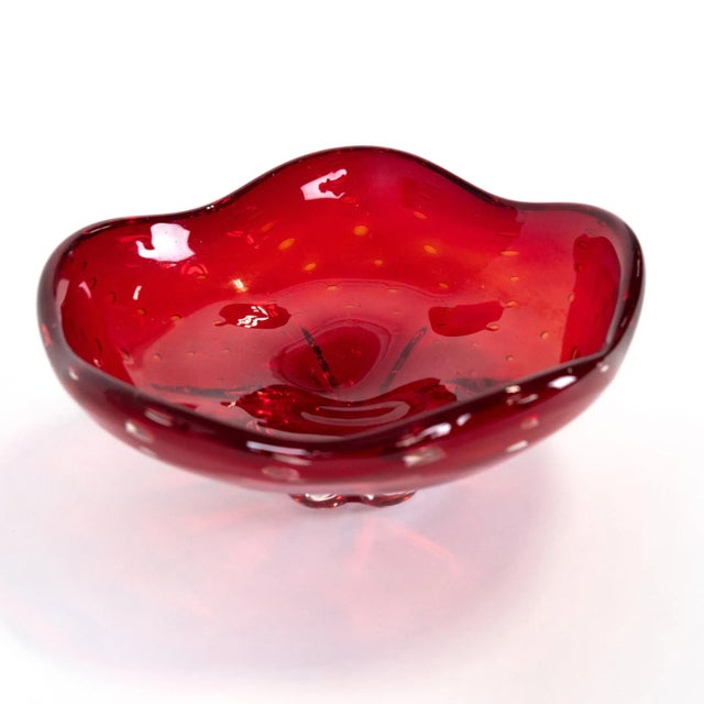Glass Italian Murano Style Art Glass Ruby Red Bullicante Bowl For Sale - Image 7 of 10