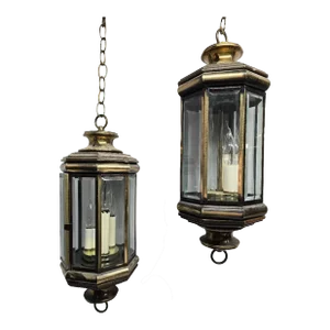 Vintage Mid-Century Modern 6 Panel 3 Candlestick Double Lantern Hanging Pendant Light