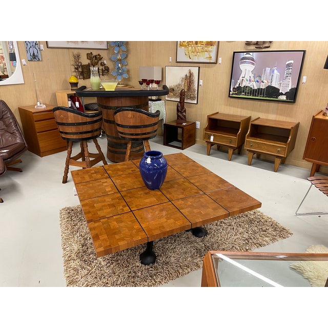Square 49.5 Inch Danish Teak Butcher Block Coffee Table on Black Iron Base For Sale - Image 15 of 17
