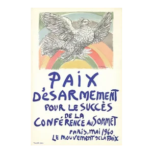 1960 Pablo Picasso 'Paix Disarmement-Peace' Modernism Black & White,Multicolor,Gray,Green,Orange,Red,Pastel,Yellow,Blue France Lithograph