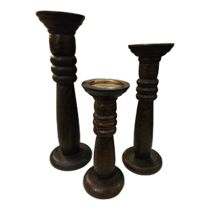 Set of 3 Vintage Tooled Leather Pillar Candle Holders