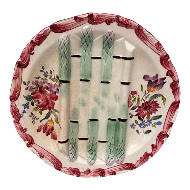 19th Century Majolica Asparagus Plate With Flowers Longchamp For Sale