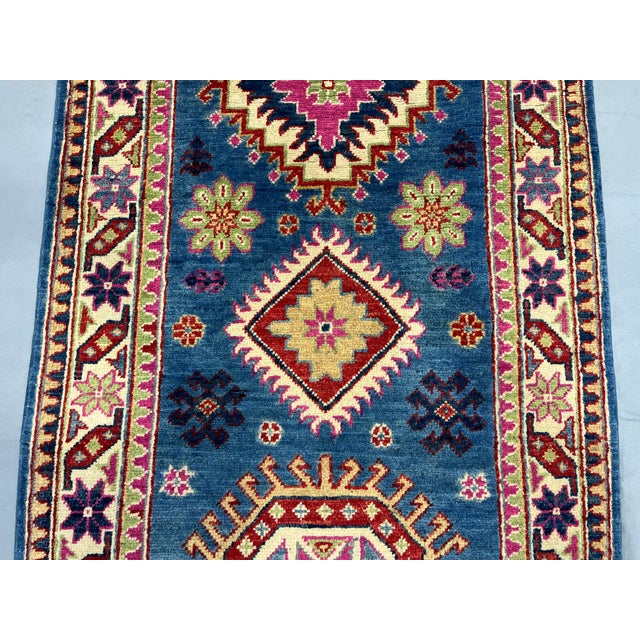 Blue and Pink Kazak-Style Wool Runner Rug With Geometric Medallions, 2'7" X 9'7" For Sale - Image 6 of 16
