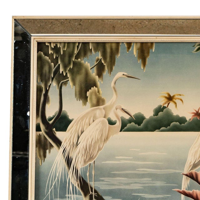 Mid 20th Century 1940 Tropical Crane /Egret Scenic Print, Mirror Framed by Billy Seay for Turner For Sale - Image 5 of 9