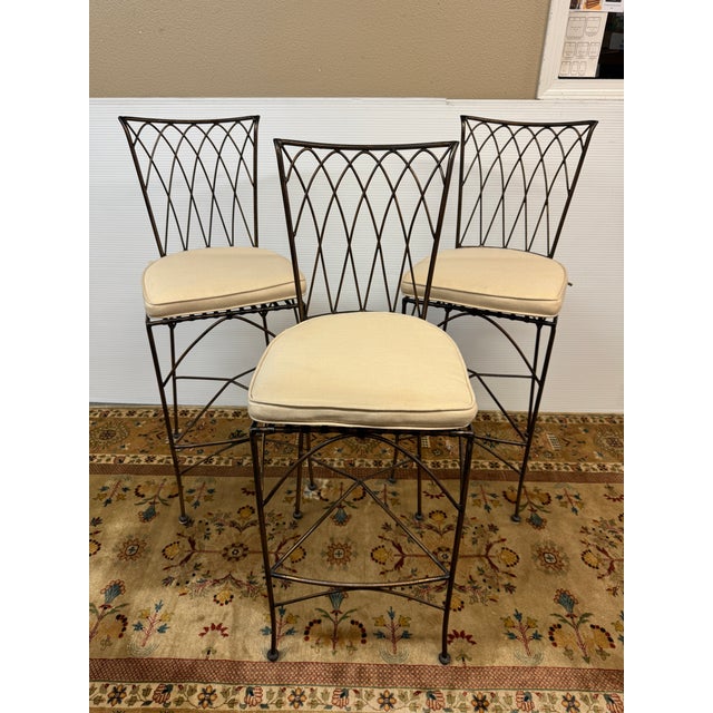 Arts & Crafts Wrought Iron Bar Stools With Cushions, Set of Three For Sale - Image 3 of 12