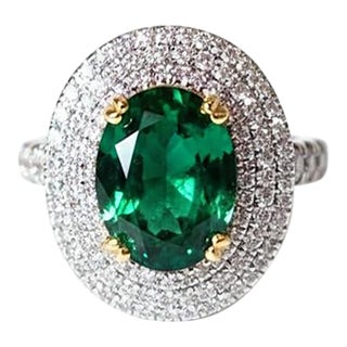 18kt Gia Zambia Oval Emerald Diamond Halo Ring, Size 6.5 For Sale