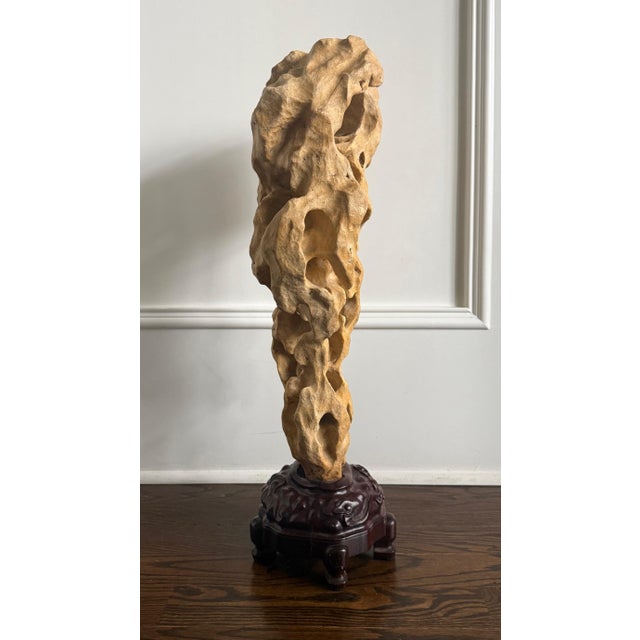 Extraordinary Large Chinese Scholar Rock Yellow Taihu Stone on Wood Stand For Sale - Image 4 of 18