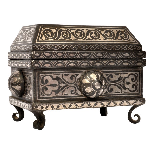Antique 19th Century Indian Bidriware Pandan Silver & Brass Casket Jewelry Box For Sale