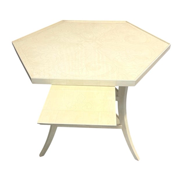 English Dennis and Leen "Lambert" Faux Ivory Painted Side Table W" Drink Tray For Sale - Image 3 of 12