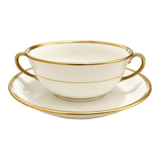 Late 20th Century Johnson Brothers England Pareek Vintage Porcelain Soup Cup & Saucer Gold Trim For Sale