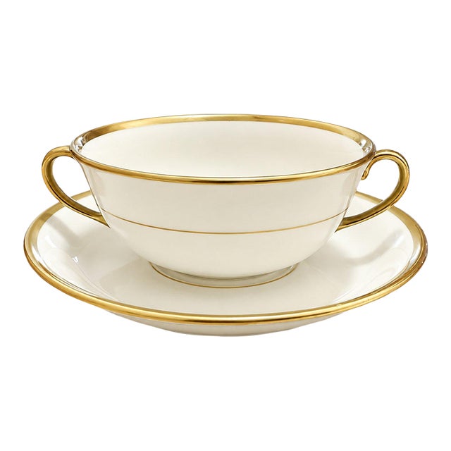 Late 20th Century Johnson Brothers England Pareek Vintage Porcelain Soup Cup & Saucer Gold Trim For Sale