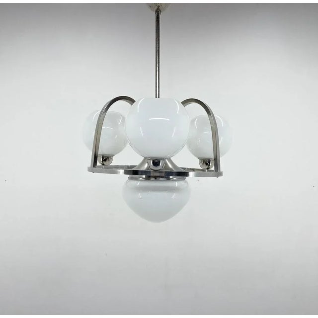 Art Deco Chrome & Milk Glass Chandelier, 1930s For Sale - Image 9 of 11