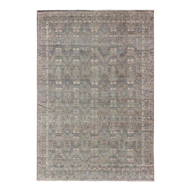 Fine Weave Distressed Tabriz Design Rug in Gray, Blue 9'11" X 13'9" For Sale