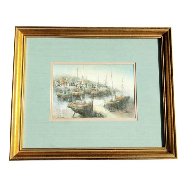 Vintage 1977 Alferio Maugeri Coastal Harbor Print - Original Uttermost Gold Frame For Sale - Image 4 of 6