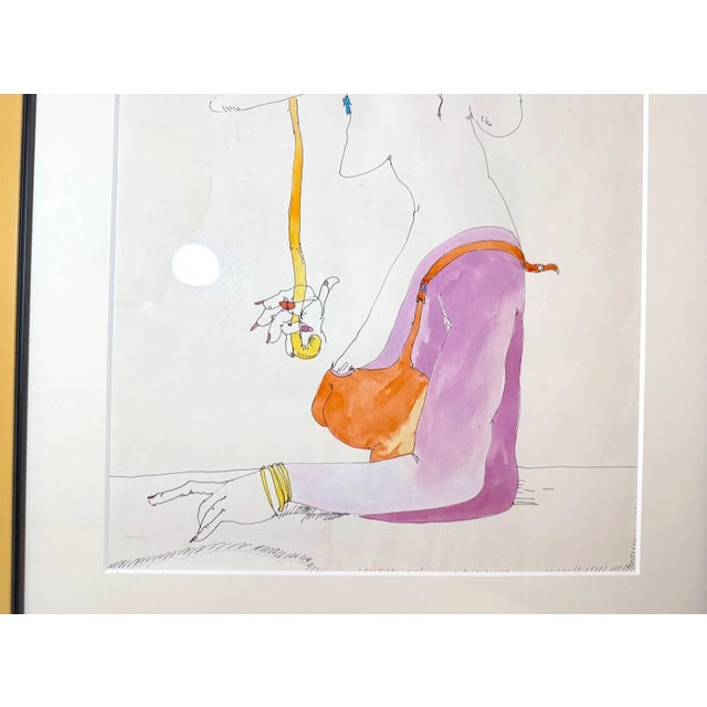 Vintage French Whimsical Elder Lady With Hat Mixed Media Drawing Sketch Art For Sale - Image 11 of 15