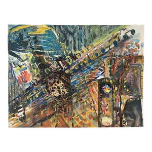 Warren Fischer Figurative Abstract Watercolor Painting W/ Mixed Media Collage
