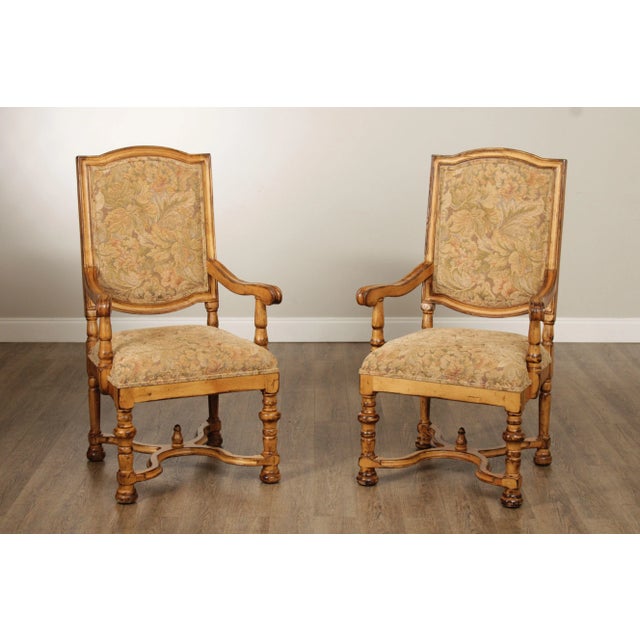 High Quality French Louis XIV Style Pair of Solid Wood Carved Fauteuil Armchairs With Custom Floral Upholstery.