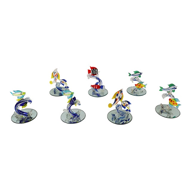Vintage Italian Murano Glass Fish Figures-a Set of Seven For Sale