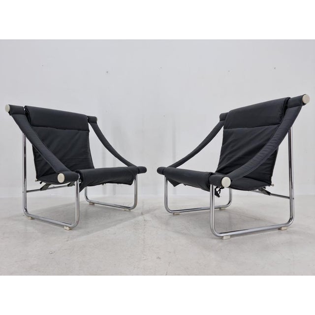 Set of Mid-Century Chrome and Leather Armchairs, 1970s, in Very Good conditions. Designed 1970 to 1979
