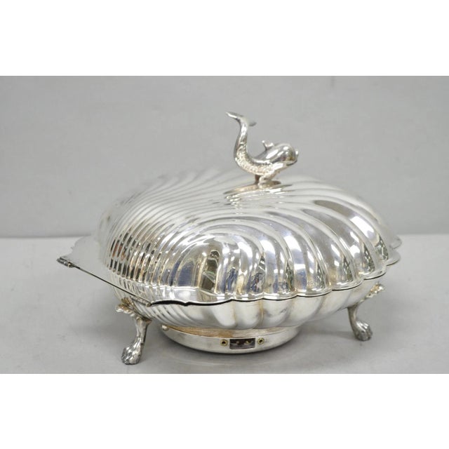 Silver Vintage Eaton Silver Co Regency Silver Plated Clam Shell Warmer W Dolphin Handle For Sale - Image 8 of 18