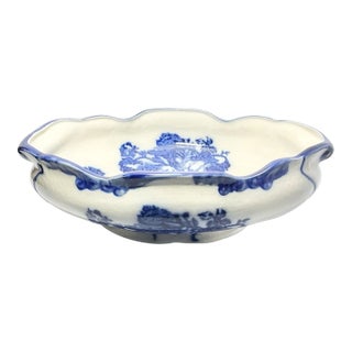 19th Century Antique Staffordshire Ironstone Flow Blue Large Basin Decorative Bowl For Sale