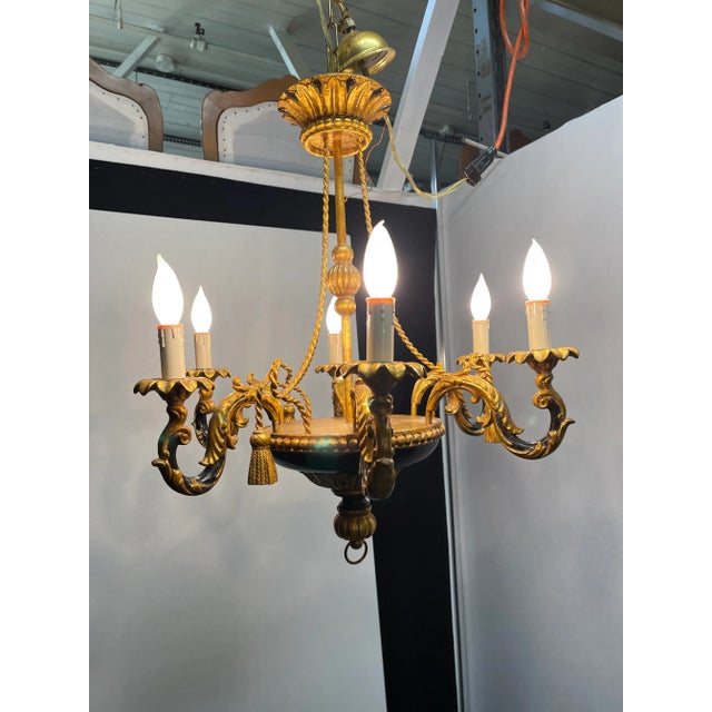 Vintage Italian Florentine and Black Chandelier With Tassel and Tole Decoration For Sale - Image 10 of 13