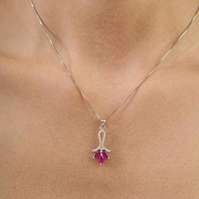 Three Stone Marquise Ruby & Diamond Pave Bail Pendant in Sterling Silver - Carat and her For Sale - Image 6 of 15