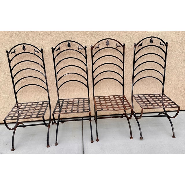 French Provincial Antique French Provincial Wrought Iron Garden Chairs Two Birds & Leaf Motif 4pc Set For Sale - Image 3 of 7