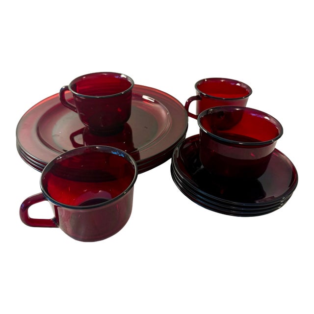 Vintage France Ruby Red Glass Brunch / Luncheon Set, Service for 4 For Sale