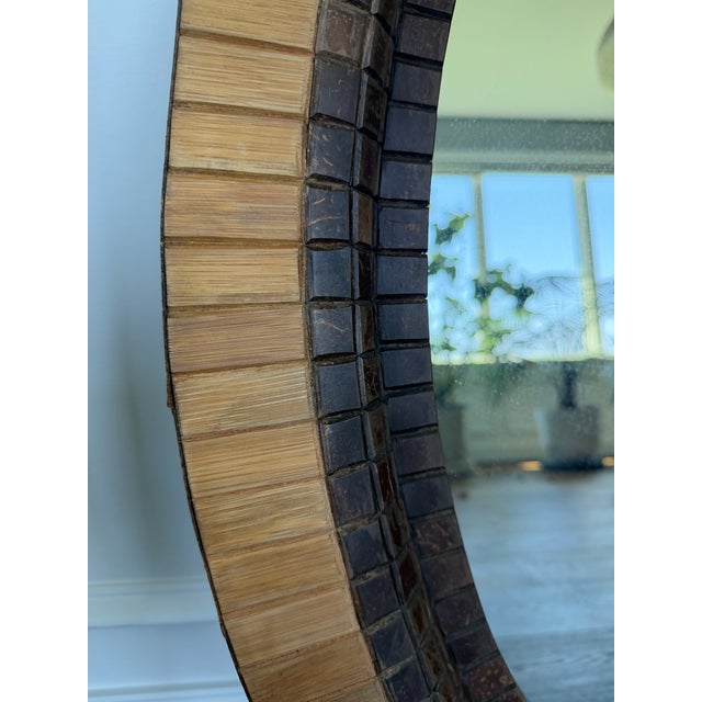 Mid-Century Modern Vintage Magnussen “Presidential” Round Wall Mirror – Sculptural Wood & Mosaic Frame For Sale - Image 3 of 5