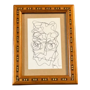 1980’s Original Wayne Cunningham Small Abstract Ink Drawing Vintage Inlaid Wood Frame Signed