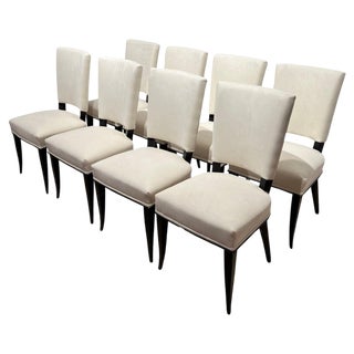 Art Deco Chairs in Black Lacquer in Cream Velour, France, 1930s, Set of 8 For Sale