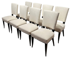 Art Deco Chairs in Black Lacquer in Cream Velour, France, 1930s, Set of 8