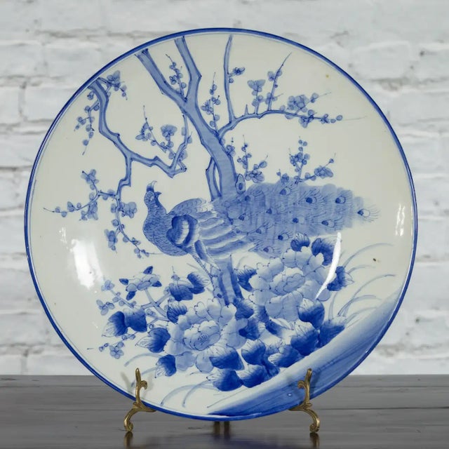 White Japanese Blue and White Hand-Painted Porcelain Charger Plate with Peacock Bird For Sale - Image 8 of 13