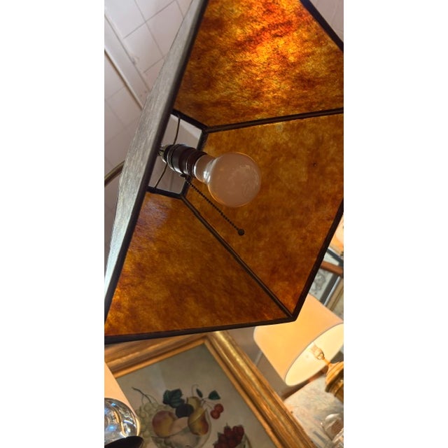 Brass Antique Arts and Crafts Brass Bridge Floor Lamp With an Amber Tone Mica Shade For Sale - Image 8 of 9