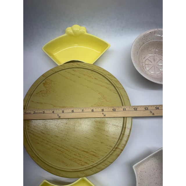 1960s Vintage Mid-Century Modern Yellow & Speckled Ceramic Lazy Susan Hostess Snack Set With Wooden Base - 6 pcs For Sale - Image 5 of 10