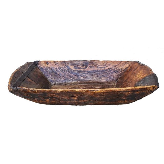 Rustic European Primitive 19th-Century Hand-Hewn Wood Dough Trough With Forged Iron Repairs For Sale - Image 3 of 11