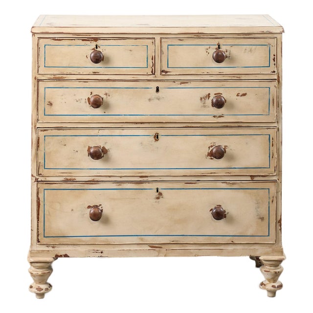 19th Century Victorian Two Over Three Painted Pine Chest With Blue Accents For Sale