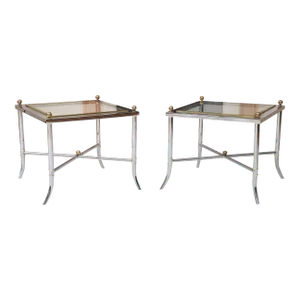 Modern Faux Bamboo Neoclassical Chrome Side Tables With Brass Finials