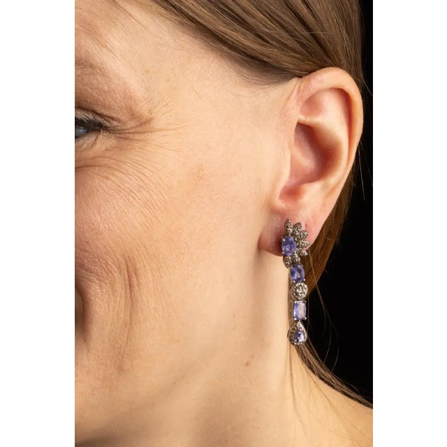 1990s Faceted Tanzanite and Diamond Drop Dangle Earrings, Pair For Sale - Image 4 of 4