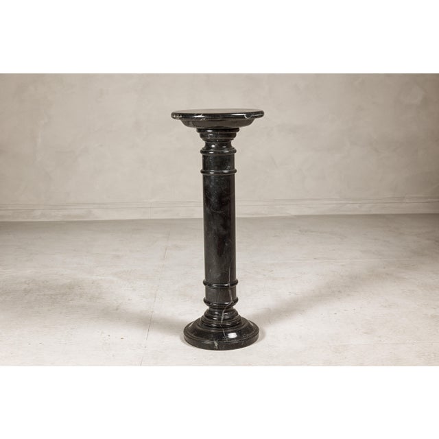 Stone Vintage Black Marble Column Pedestal with White Veining and Stepped Base For Sale - Image 7 of 12