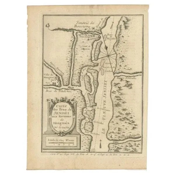 Antique map titled 'Carte des Bras du Jenisei (\.)'. Map of the Yenisei River and surroundings, Siberia. This print...