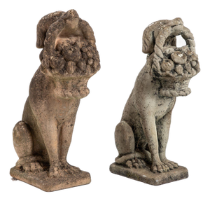 Matched Pair of Composite Stone Dogs With Fruit Baskets, England Mid 20th C.