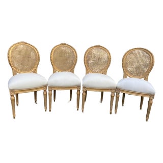 1970s French Louis XVI Gold Beech Cane Dining Chairs – 4 PCS For Sale
