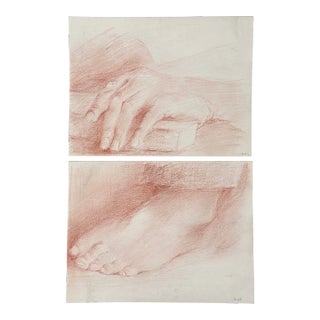 Vintage French Realist Charcoal Study of Hand and Foot, Signed (Charcoal on Paper) For Sale