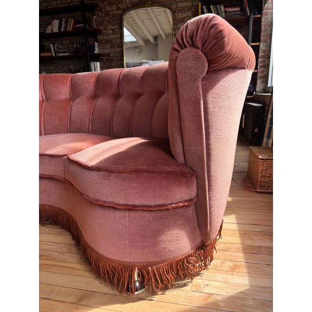 Vintage 1940s Danish-Style Curved Mohair Sofa For Sale - Image 4 of 7