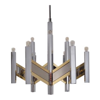 1970s Sciolari Italian `Chevron` 9 Lights Brass & Chrome Chandelier For Sale