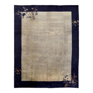 1920s Gray Solid Open Fiel Antique Chinese Peking Carpet 9'2" X 11'10" Knotted Wool Rug For Sale