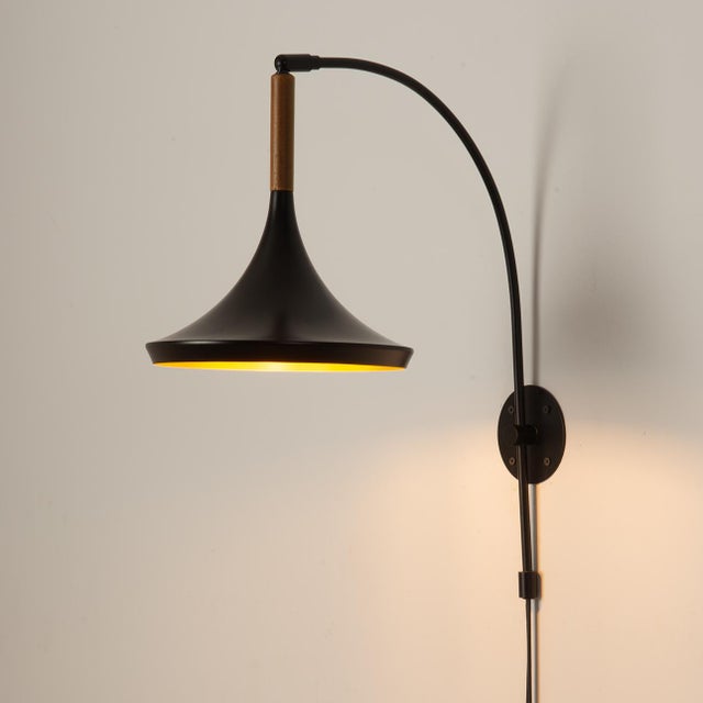 Mid-Century Modern Mid Century Modern Lodi Wall Sconce - Matte Black & Walnut, Plug-In For Sale - Image 3 of 11