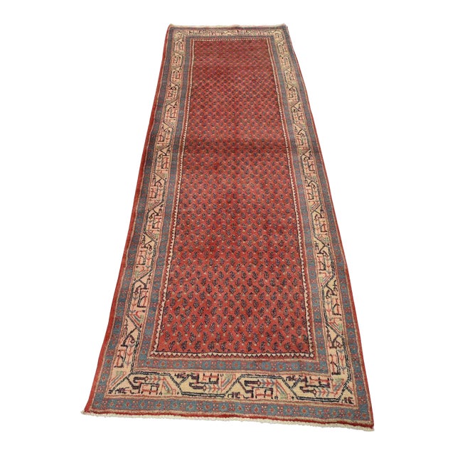 Mir Runner 3’7” X 10’4” Red Wool Vintage Tribal Hand-Knotted Oriental Rug For Sale